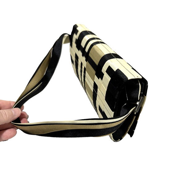 SEIRC Mini Shoulder Bag Clutch Purse Woven Ribbons Black Cream Taupe Chic Unique - Picture 4 of 10